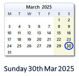 30 March 2025 calendar