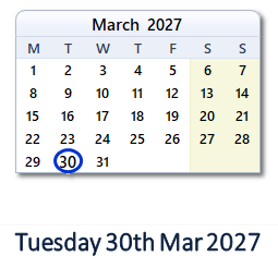 30 March 2027 calendar