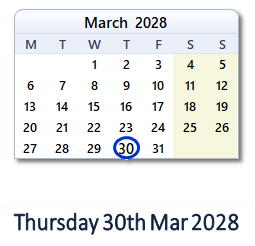 30 March 2028 calendar