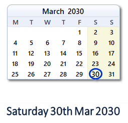 30 March 2030 calendar