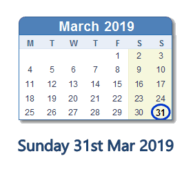31 March 2019 calendar