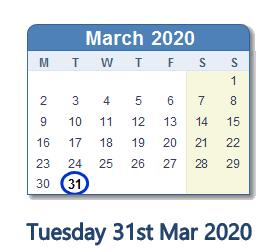 31 March 2020 calendar