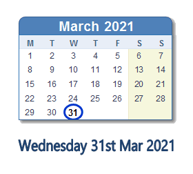 31 March 2021 calendar