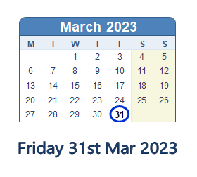 31 March 2023 calendar