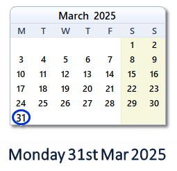 31 March 2025 calendar