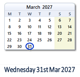 31 March 2027 calendar