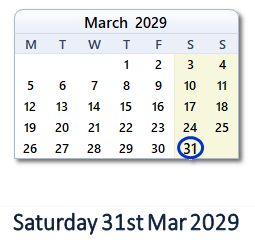 31 March 2029 calendar