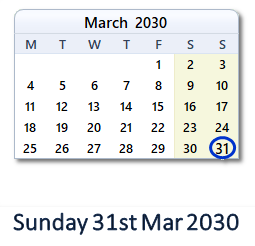 31 March 2030 calendar