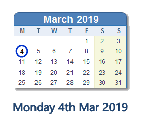 4 March 2019 calendar