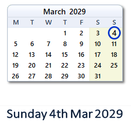 4 March 2029 calendar