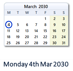 4 March 2030 calendar
