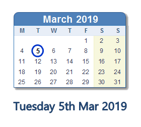 5 March 2019 calendar