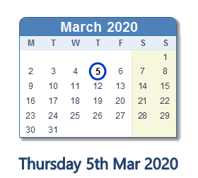 5 March 2020 calendar
