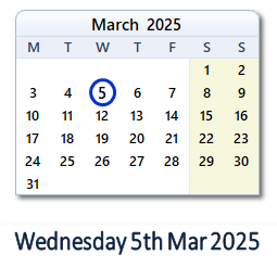 5 March 2025 calendar