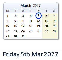 5 March 2027 calendar