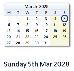 5 March 2028 calendar