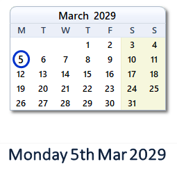 5 March 2029 calendar