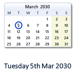 5 March 2030 calendar