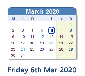 6 March 2020 calendar