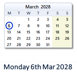 6 March 2028 calendar