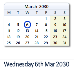 6 March 2030 calendar