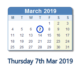 7 March 2019 calendar