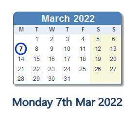 7 March 2022 calendar