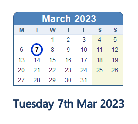 7 March 2023 calendar