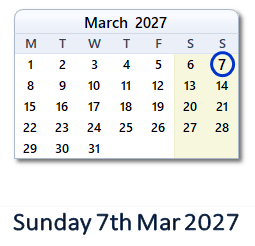 7 March 2027 calendar
