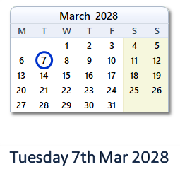 7 March 2028 calendar