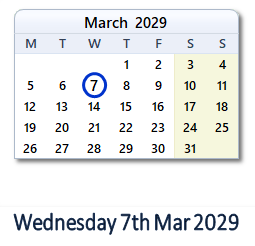 7 March 2029 calendar
