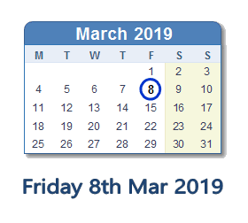 8 March 2019 calendar