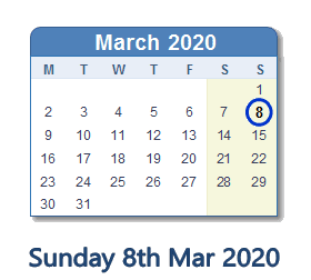 8 March 2020 calendar