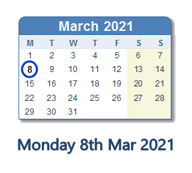 8 March 2021 calendar