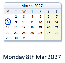 8 March 2027 calendar