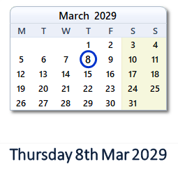 8 March 2029 calendar