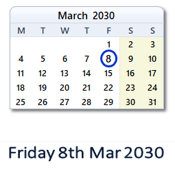 8 March 2030 calendar