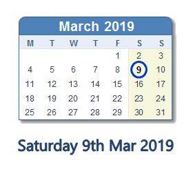 9 March 2019 calendar