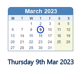 9 March 2023 calendar
