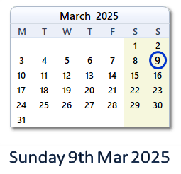 9 March 2025 calendar