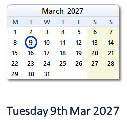 9 March 2027 calendar