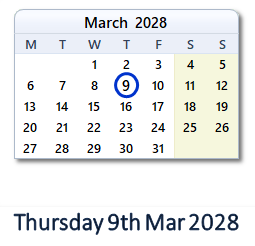 9 March 2028 calendar