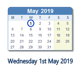1 May 2019 calendar