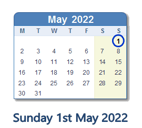 1 May 2022 calendar