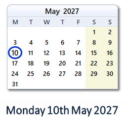 10 May 2027 calendar