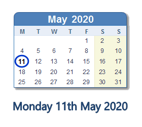 11 May 2020 calendar