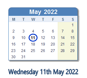 11 May 2022 calendar