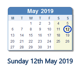 12 May 2019 calendar