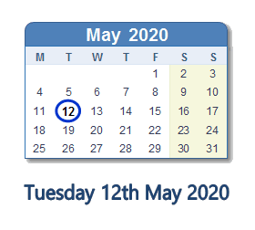 12 May 2020 calendar