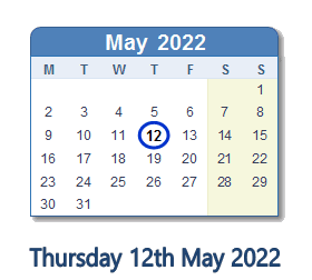 12 May 2022 calendar